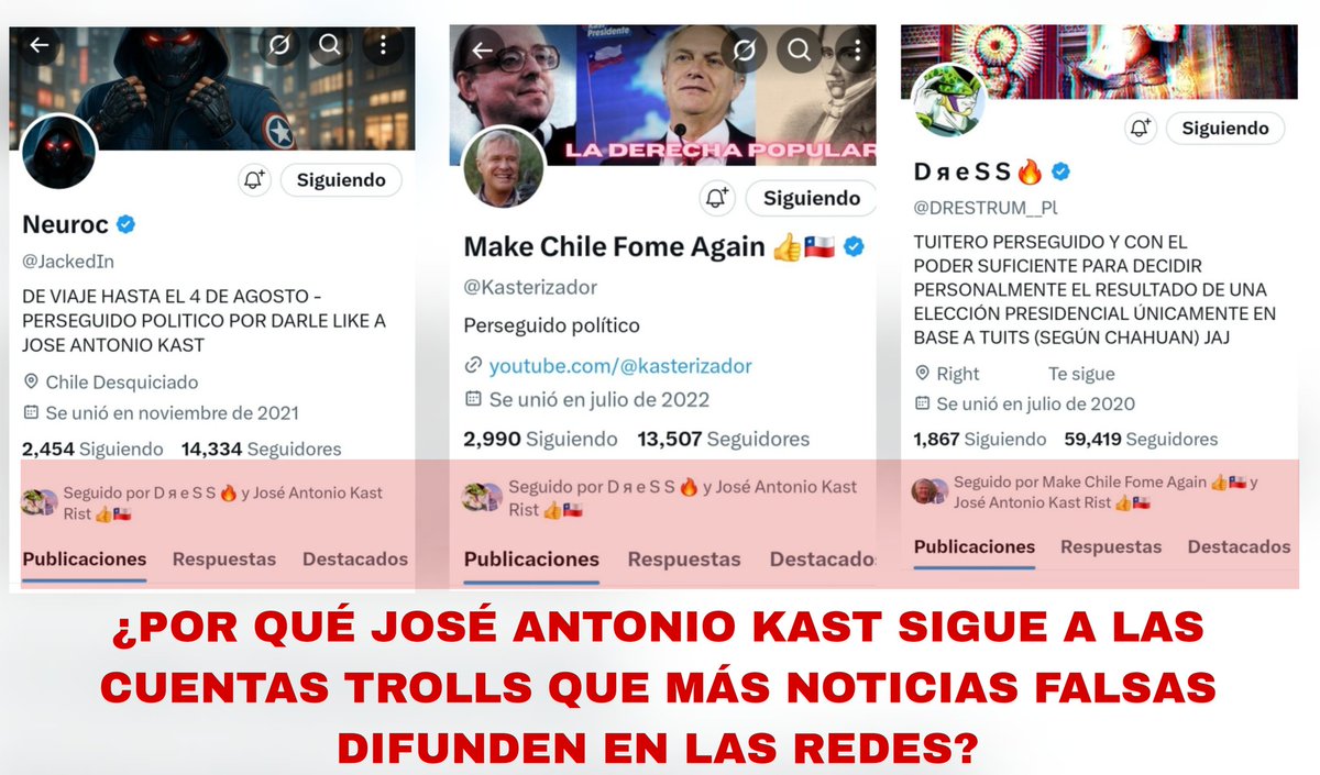 🔴 ¿Por qué José Antonio Kast sigue en redes a las principales cuentas troll de ultraderecha, responsables de difundir fake news y ataques sistemáticos?

Reportajes de El Mostrador y The Clinic han revelado que estas cuentas están detrás de campañas de desinformación,