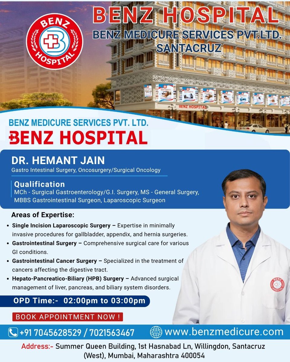 🏥 Benz Hospital
👨‍⚕️ Dr. Hemant Jain
MCh (GI Surgery), MS (General Surgery), MBBS
🔹 Gastrointestinal &amp; Laparoscopic Surgeon
🔹 Oncosurgery / Surgical Oncology Expert

#BenzHospital #DrHemantJain #GastrointestinalSurgery #Oncosurgery #LaparoscopicSurgery #SingleIncisionSurgery