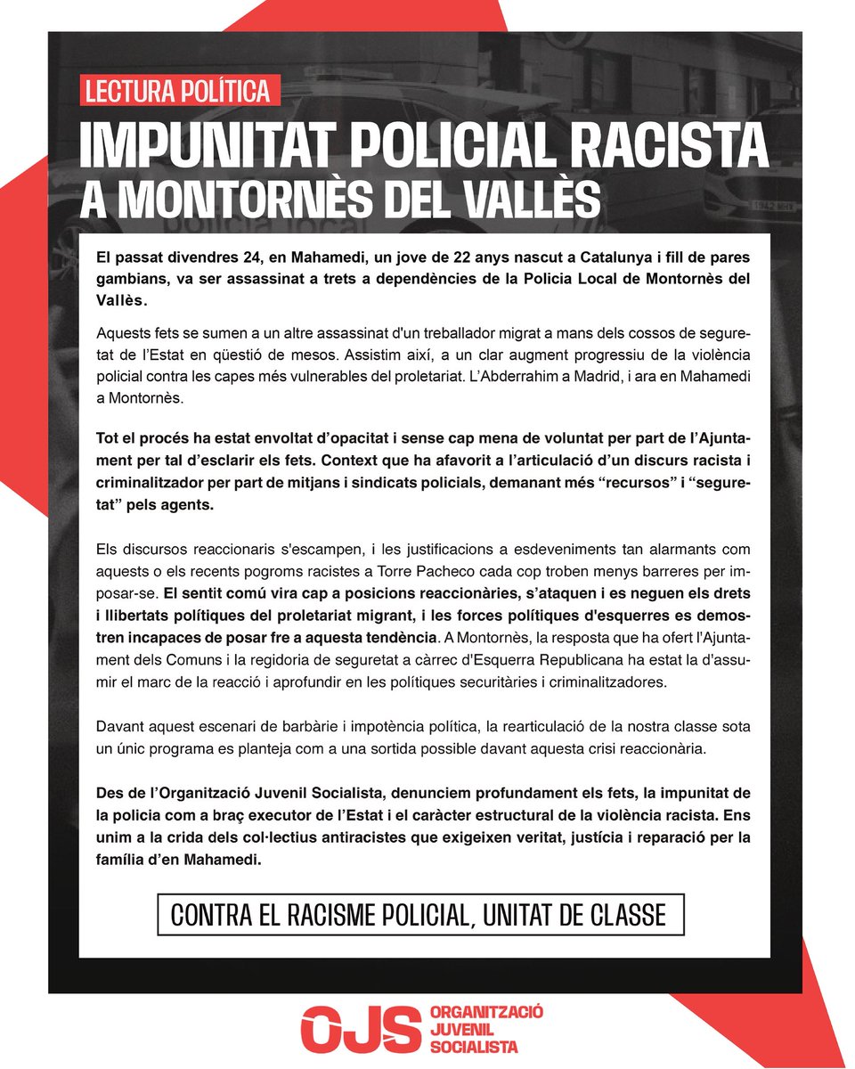 🔴 Davant l’assassinat a trets d’en Mahamedi, denunciem la impunitat policial i el racisme que la sosté en el sistema capitalista.

Controls arbitraris, assenyalaments, escorcolls és el dia a dia del jovent migrant a Montornès.

Contra el racisme policial, unitat de classe!