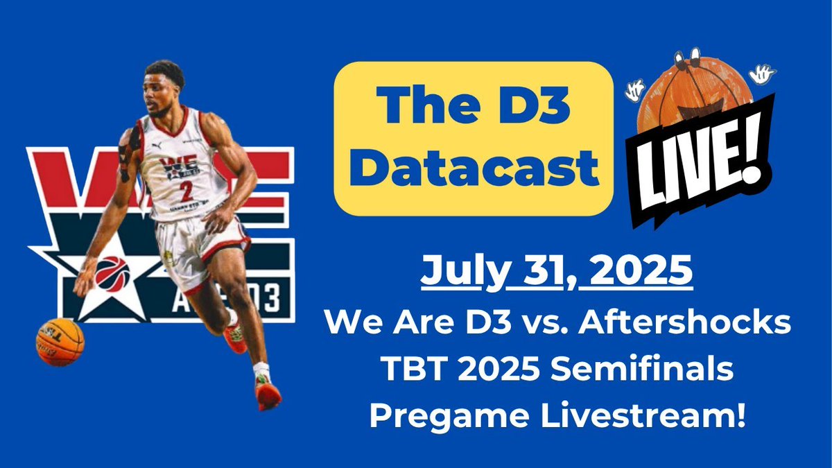 D3 Datacast (@d3datacast) on Twitter photo Planning to watch <a href="/WeAreD3TBT/">We Are D3 TBT</a> in the TBT semifinals Thursday night?
Settle in a little early and join us for a special pregame livestream at 7 pm ET!
Stream link is ready here: youtube.com/live/B-kNiELx7…
#d3hoops Planning to watch <a href="/WeAreD3TBT/">We Are D3 TBT</a> in the TBT semifinals Thursday night?
Settle in a little early and join us for a special pregame livestream at 7 pm ET!
Stream link is ready here: youtube.com/live/B-kNiELx7…
#d3hoops