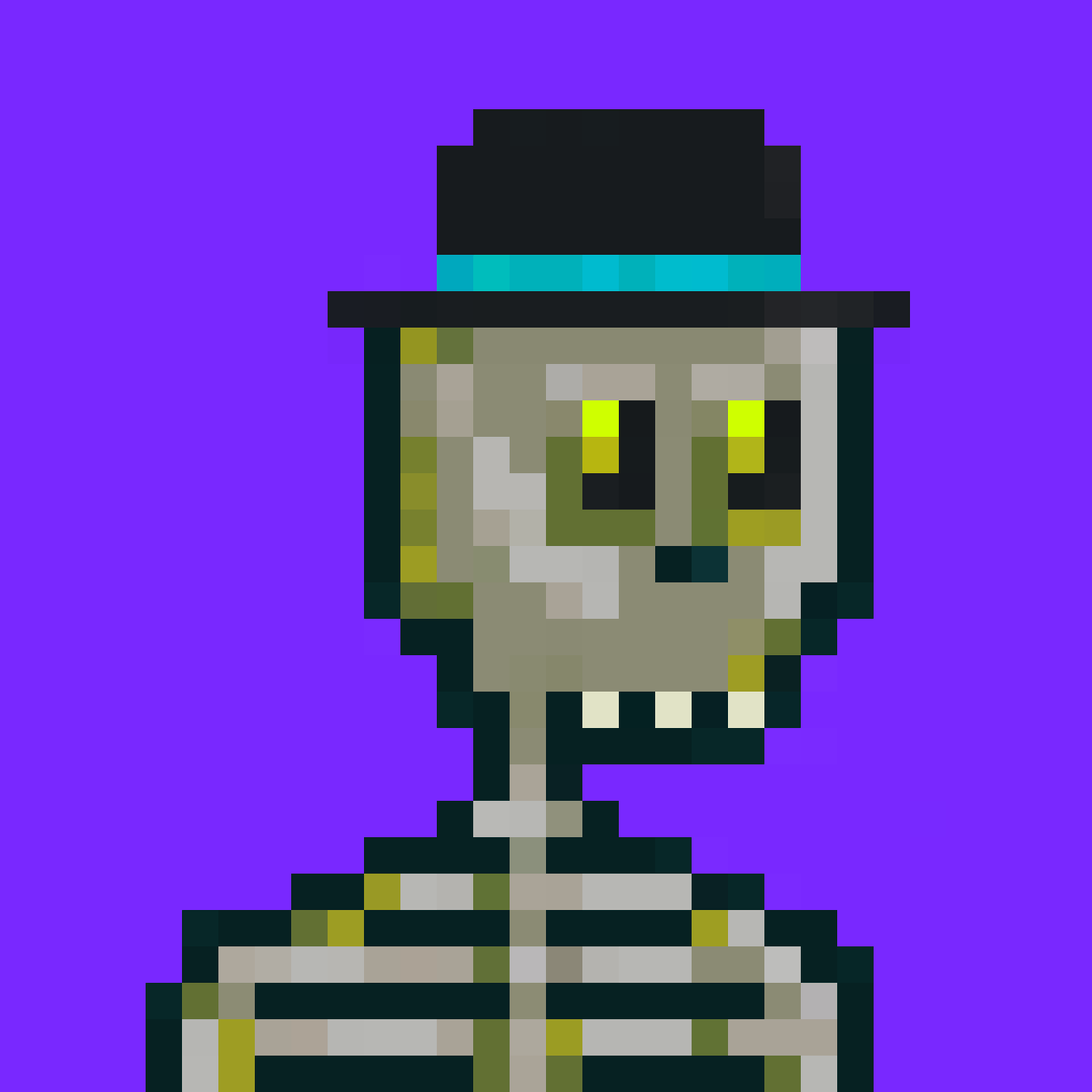 GM #pixelart fam 👋

💀 Skeleton of the day…

💜 Monty - Rank 269. Traits... Skeleton = Zombie / Skull = Bowler Hat

🖥️ solbones.com

🎨 Get a Sol Bones NFT! magiceden.io/marketplace/so…

#pixelartist #SolanaNFTs