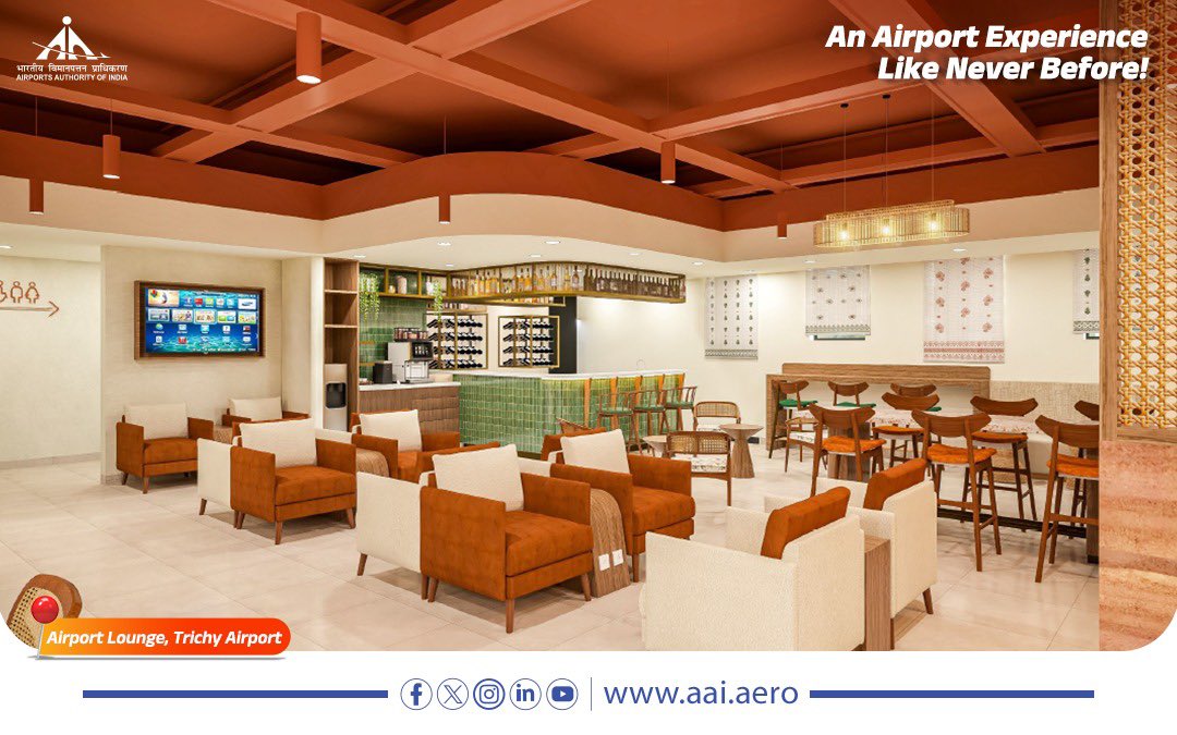 Airports Authority of India (@aai_official) on Twitter photo #AAI is soaring ahead in its mission to deliver world-class amenities across its airport network. In a significant step forward, #TrichyAirport <a href="/aaiTRZairport/">TIRUCHIRAPPALLI INTERNATIONAL AIRPORT</a> now hosts the all-new O’Vetra Executive Lounge, a space where comfort meets culture.
Thoughtfully designed to reflect #AAI is soaring ahead in its mission to deliver world-class amenities across its airport network. In a significant step forward, #TrichyAirport <a href="/aaiTRZairport/">TIRUCHIRAPPALLI INTERNATIONAL AIRPORT</a> now hosts the all-new O’Vetra Executive Lounge, a space where comfort meets culture.
Thoughtfully designed to reflect