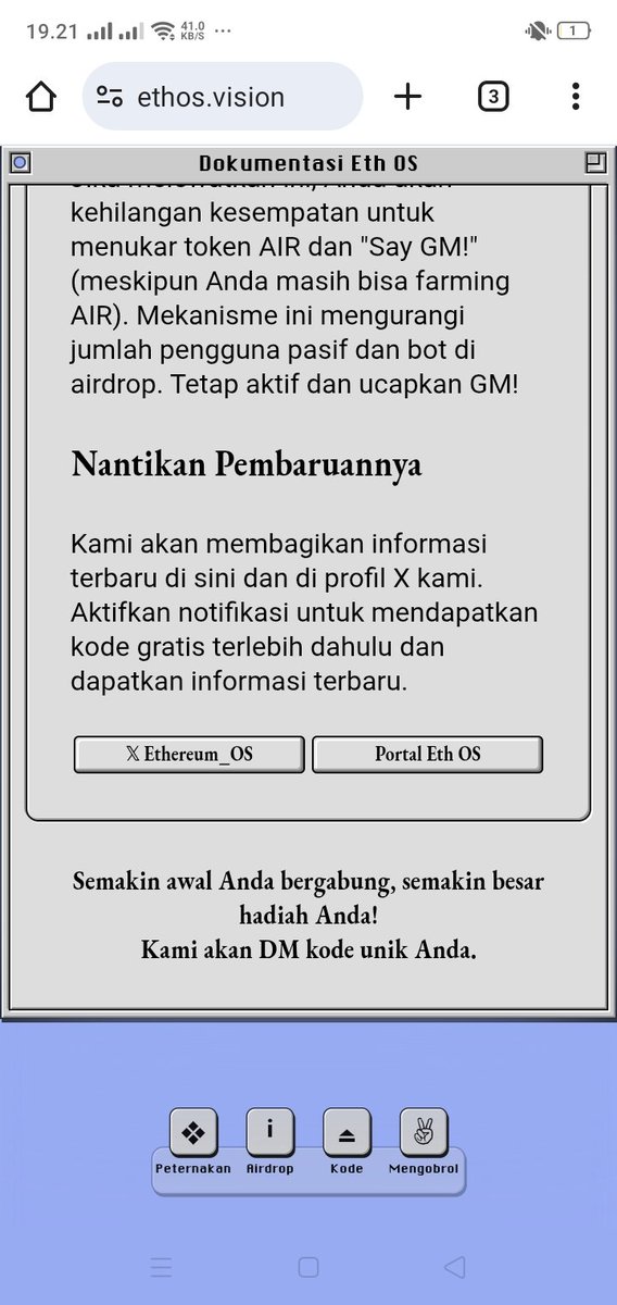EthOS is LIVE! 🔥

The first Ethereum Operating System from 
<a href="/Ethereum_OS/">Eth OS</a>
  ethos.vision

Early visionaries can get a 200,000 $AIR (≈$492) airdrop.
The method is simple: Post ➔ Earn Codes ➔ Swap for $AIR ➔ Stake &amp; Farm.
Don't miss out. Spots are limited