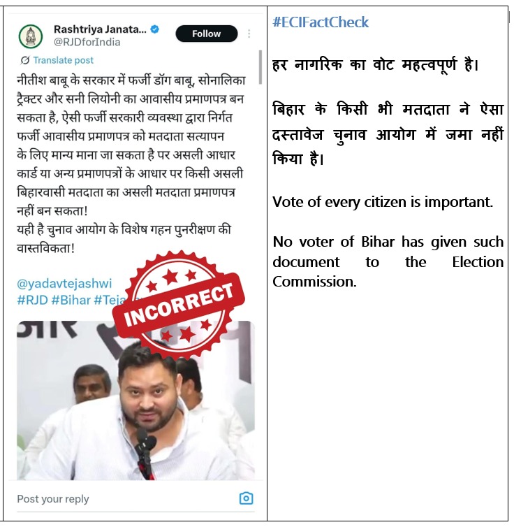 #ECIFactCheck 

हर नागरिक का वोट महत्वपूर्ण है।

बिहार के किसी भी मतदाता ने ऐसा दस्तावेज चुनाव आयोग में जमा नहीं किया है।

Vote of every citizen is important.

No voter of Bihar has given such document to the Election Commission.

#SIR #Bihar