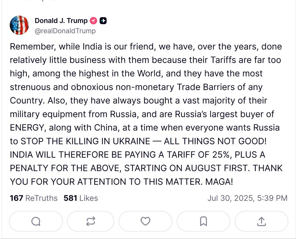 Nigel__DSouza's tweet photo. 🚨 NEW: Donald Trump announces a 25% tariff plus penalty on India, citing high trade barriers and energy ties with Russia. Tariff starts August 1st.

@CNBCTV18Live https://t.co/xtDSL7SY2R