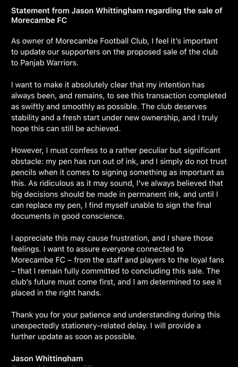 🚨 STATEMENT 🚨

Regarding the sale of Morecambe FC to Punjab Warriors on behalf of me *and my legally can't be named partner* Bond Group Investments.

📃🖊