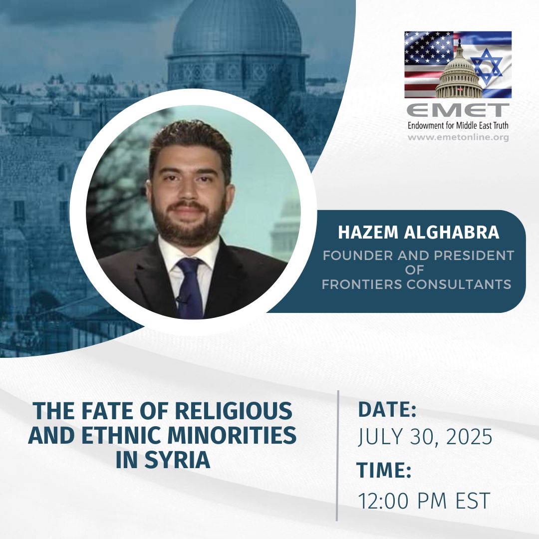 Hazem Algebra and the Fate of Religious and Ethnic Minorities in Syria
Jul 30, 2025 12:00 PM in ET
RSVP: us02web.zoom.us/webinar/regist…