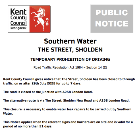 KCC Highways (@kenthighways) on Twitter photo Sholden, The Street: Road closed 29th July for up to 7 days to allow for <a href="/SouthernWater/">Southern Water</a> leak repair works: moorl.uk/?ngfvu6 Sholden, The Street: Road closed 29th July for up to 7 days to allow for <a href="/SouthernWater/">Southern Water</a> leak repair works: moorl.uk/?ngfvu6