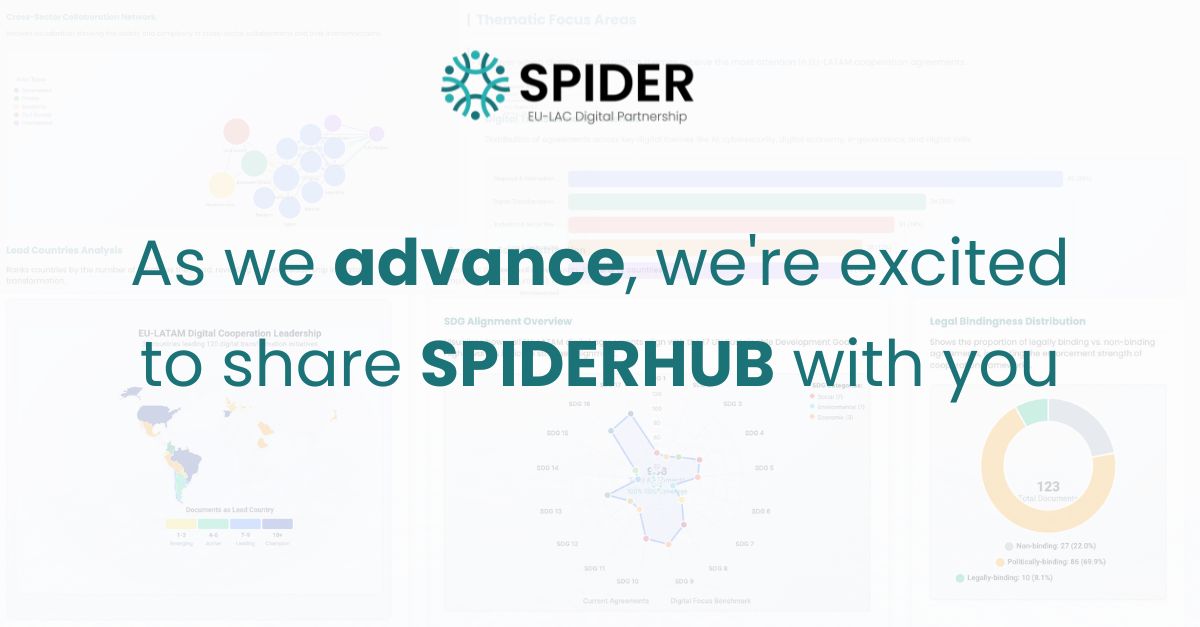 SPIDER project (@spider_heu) on Twitter photo 🌍 Understanding EU-LAC digital #cooperation is core to SPIDER.
We mapped 90+ dialogues & 60+ agreements shaping R&I between both regions.
Now, SPIDERHUB turns that into an interactive platform for insights & collaboration.
Explore it 👉 lnkd.in/dDR5zPkq
#SPIDER #EULAC 🌍 Understanding EU-LAC digital #cooperation is core to SPIDER.
We mapped 90+ dialogues & 60+ agreements shaping R&I between both regions.
Now, SPIDERHUB turns that into an interactive platform for insights & collaboration.
Explore it 👉 lnkd.in/dDR5zPkq
#SPIDER #EULAC