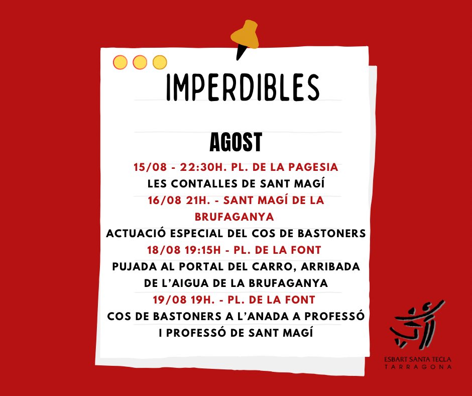 Ja s’acosta l’agost i tots tenim les agendes plenes però per que no us perdeu res de l’esbart aquí teniu algunes dates importants! 

#estecla #bastons #tarragona #picounpicodos #50anyspicant #SantMagí #vilanova #valencians #ballspopulars #agost
