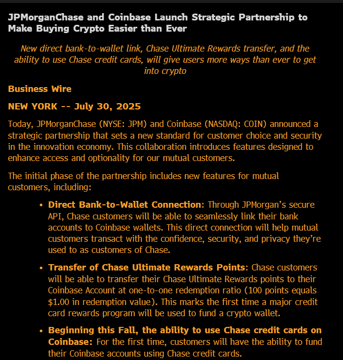 🚨JPM &amp; Coinbase Ink Deal to Link Users' Bank &amp; Crypto Accounts

&gt;Will enable direct Bank-to-Wallet connection.
&gt;Customers will be able to transfer Chase rewards to Coinbase account 
&gt;And use Chase Credit Cards to fund $COIN balances for the first time.