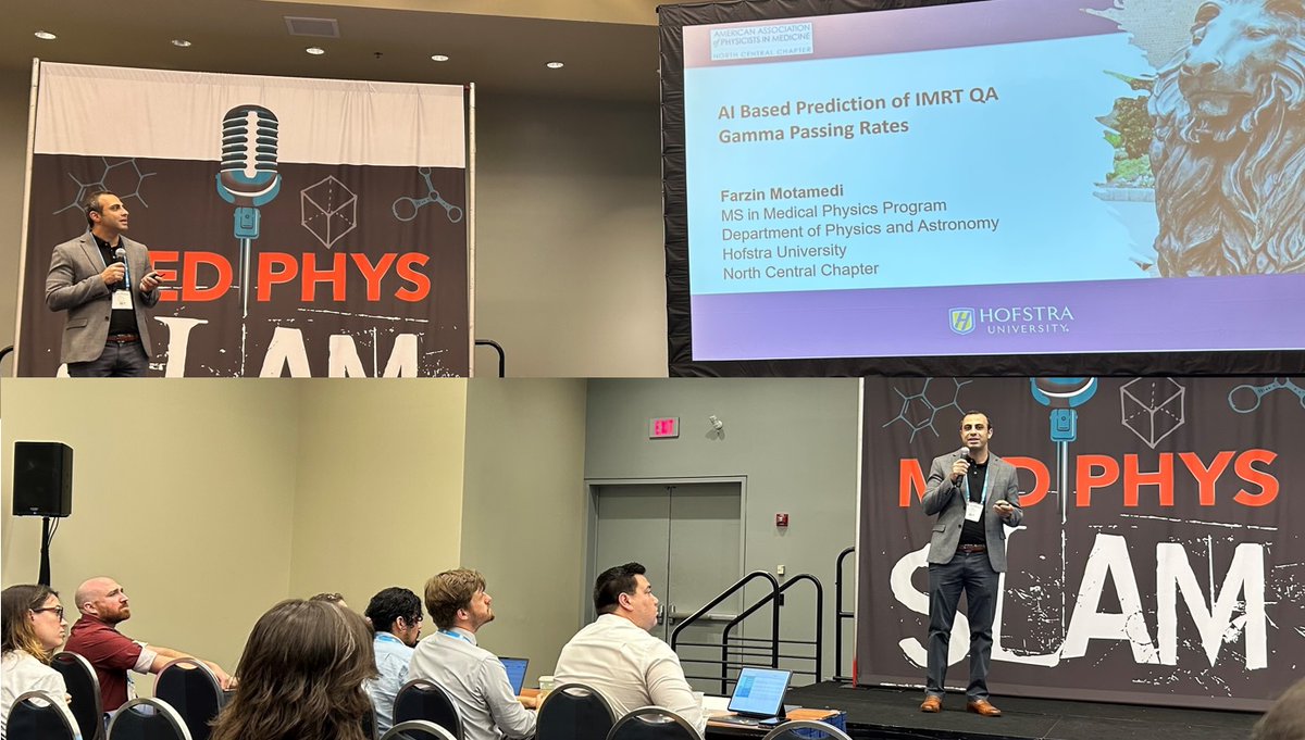 Farzin Motamedi (HU Class 26) represented the North Central Chapter in the Med Phys SLAM during the Annual Meeting. He presented a research project titled "AI-Based Prediction of IMRT QA Gamma Passing Rates," which he conducted with Jason Lima (HU Class 24, NW Phys Resident  26).