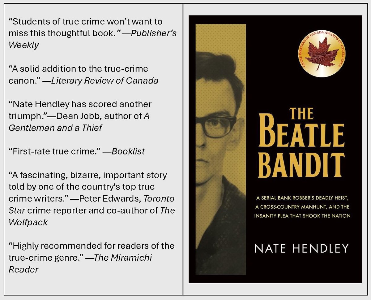 Nate Hendley (@natehendley) on Twitter photo My book about a very strange bank robber who fueled a nationwide debate about guns, insanity pleas, and the death penalty in 1960s Canada.
At:
Amazon amzn.to/3KQZ90P
Barnes + Noble tinyurl.com/6h2p7epz
Indigo tinyurl.com/9c654t4x
<a href="/dundurnpress/">Dundurn Press</a> <a href="/crimewriterscan/">Crime Writers Canada</a> My book about a very strange bank robber who fueled a nationwide debate about guns, insanity pleas, and the death penalty in 1960s Canada.
At:
Amazon amzn.to/3KQZ90P
Barnes + Noble tinyurl.com/6h2p7epz
Indigo tinyurl.com/9c654t4x
<a href="/dundurnpress/">Dundurn Press</a> <a href="/crimewriterscan/">Crime Writers Canada</a>