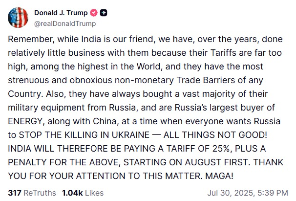 #BreakingNews

U.S President Donald Trump slaps 25% tariffs on 'friend' India