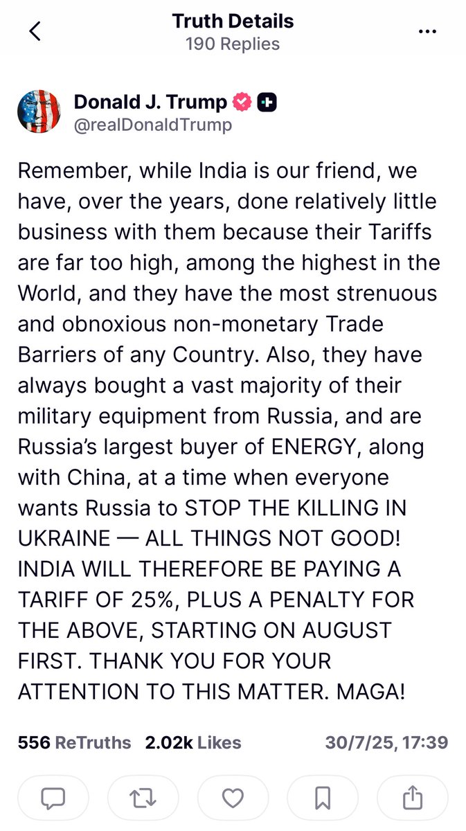 Donald Trump slaps 25% tariff on India as a punishment for buying Russian oil. 
Let’s watch what will be India’s next move. #tarriffwar