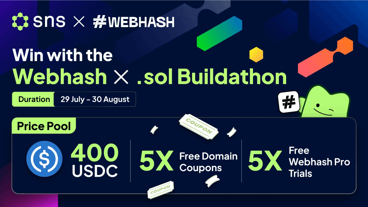 sns.sol (@sns) on Twitter photo A .sol isn’t just a flex - it’s your foundation.
We’ve cooked a Web3 Forever Buildathon with <a href="/webhash_eth/">webhash.com</a> just for SNS stans.
Build a site, put it on your .sol & compete for lux prizes. Campaign runs July 29 to August 30 ↓ A .sol isn’t just a flex - it’s your foundation.
We’ve cooked a Web3 Forever Buildathon with <a href="/webhash_eth/">webhash.com</a> just for SNS stans.
Build a site, put it on your .sol & compete for lux prizes. Campaign runs July 29 to August 30 ↓