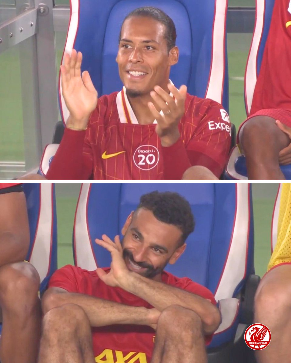 Virgil van Dijk and Mo Salah's reactions to Rio Ngumoha's goal 👏🥰