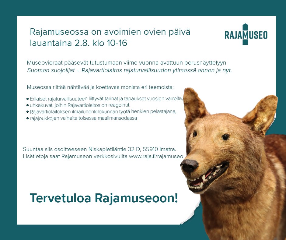 Tämän viikon lauantaina 2.8. on Rajamuseoon vapaa pääsy klo 10-16, joten tervetuloa tutustumaan Rajavartiolaitoksen tapahtumarikkaaseen historiaan! :) 

Rajamuseo sijaitsee Immolan kasarmialueen sisällä, osoitteessa Niskapietiläntie 32 D, 55910 Imatra

#Rajamuseo