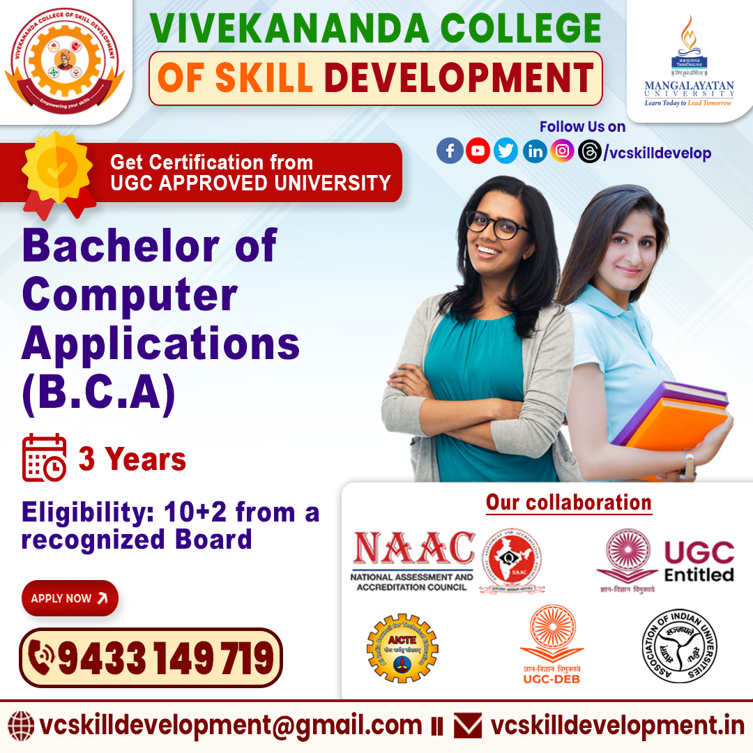 vcskilldevelop's tweet image. 🎓Start Your Tech Journey with a BCA Degree!
🚀Admissions Open at Vivekananda College of Skill Development
📚Bachelor of Computer Applications (BCA)–Online / ODL Mode
✔️UGC Recognized
✔️Learn Anytime, Anywhere
✔️Ideal for Working Professionals & Freshers
#BCAAdmission2025 #ODLBCA