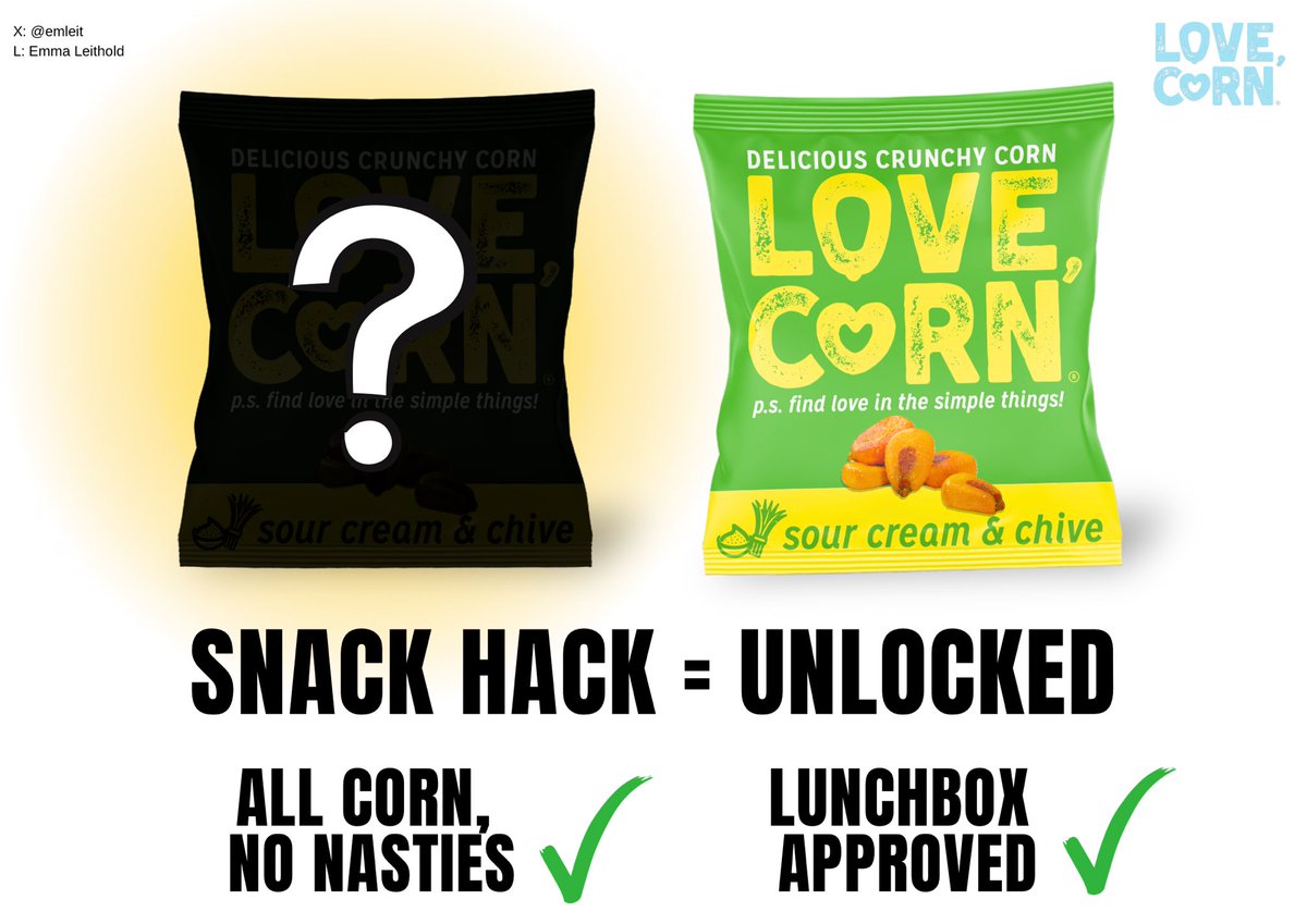 Emma Leeming Writes 💙 (@emleemingwrites) on Twitter photo Create posters that show why LOVE CORN is the ultimate lunchbox upgrade — the crunchy, delicious, better-for-you snack for kids 🌽
Snack Hack = Unlocked 🤫✅
@LoveCorn_Snacks #LoveCorn
<a href="/OneMinuteBriefs/">One Minute Briefs ⏱️</a> Create posters that show why LOVE CORN is the ultimate lunchbox upgrade — the crunchy, delicious, better-for-you snack for kids 🌽
Snack Hack = Unlocked 🤫✅
@LoveCorn_Snacks #LoveCorn
<a href="/OneMinuteBriefs/">One Minute Briefs ⏱️</a>