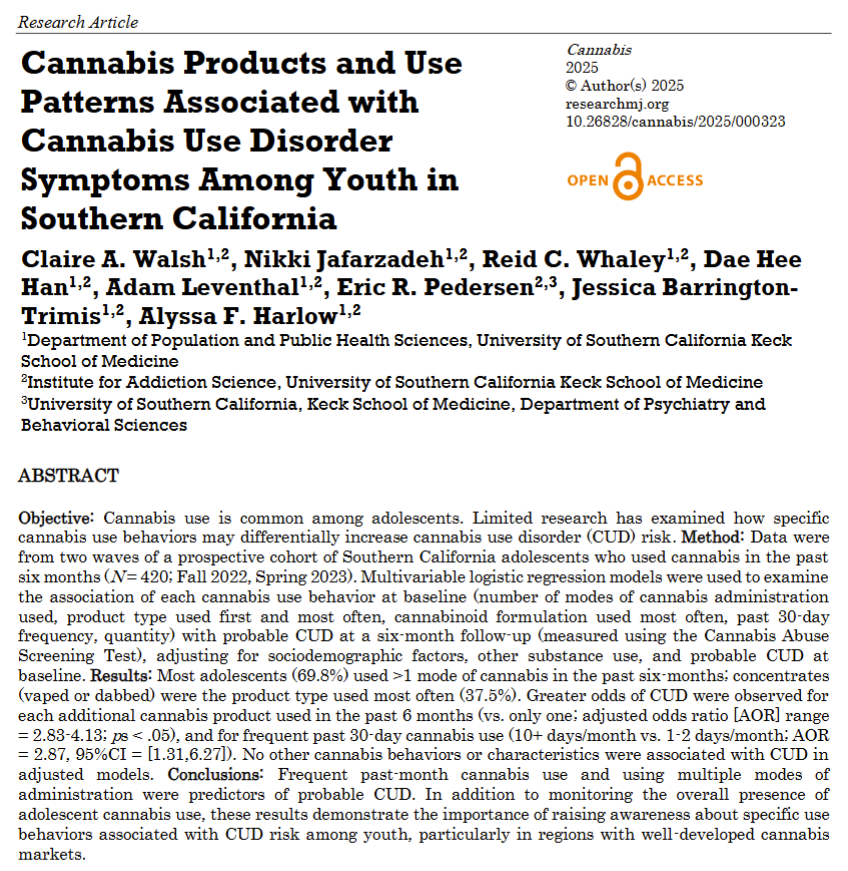 RSMj (@researchmj) on Twitter photo New Cannabis publication from <a href="/IASatUSC/">Institute for Addiction Science at USC</a> researchers. Cannabis Products and Use Patterns Associated with Cannabis Use Disorder Symptoms Among Youth in Southern California. <a href="/uscpphs/">Population and Public Health Sciences at USC</a> <a href="/KeckMedicineUSC/">Keck Medicine of USC</a> <a href="/AlyssaHarlow/">Alyssa Harlow, PhD</a> <a href="/Doctor_BT/">Jess Barrington-Trimis</a> <a href="/AdamMLeventhal/">Adam Leventhal</a>
publications.sciences.ucf.edu/cannabis/index… New Cannabis publication from <a href="/IASatUSC/">Institute for Addiction Science at USC</a> researchers. Cannabis Products and Use Patterns Associated with Cannabis Use Disorder Symptoms Among Youth in Southern California. <a href="/uscpphs/">Population and Public Health Sciences at USC</a> <a href="/KeckMedicineUSC/">Keck Medicine of USC</a> <a href="/AlyssaHarlow/">Alyssa Harlow, PhD</a> <a href="/Doctor_BT/">Jess Barrington-Trimis</a> <a href="/AdamMLeventhal/">Adam Leventhal</a>
publications.sciences.ucf.edu/cannabis/index…