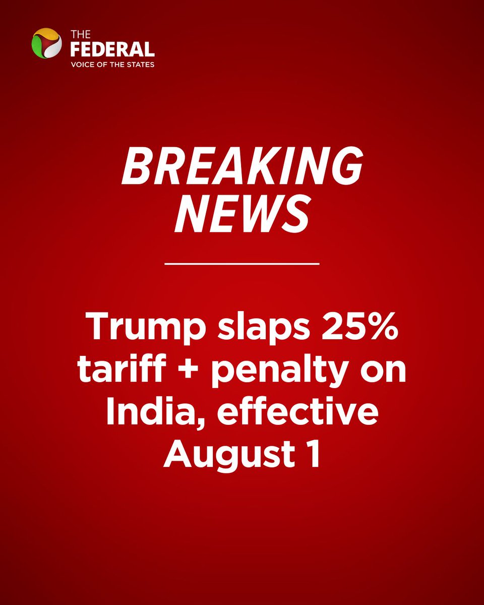 BREAKING | US President Donald Trump announced a 25% tariff and penalty starting August 1, 2025.

Follow <a href="/TheFederal_News/">The Federal</a> to track the latest

#US #Trump #Tariff