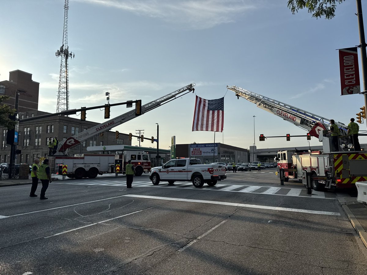 ClevelandFire (@clevelandfire) on Twitter photo #CLEFIRE Ladders 7 & 20 present the flag in honor of fallen Lorain Police Officer Phillip Wagner. Funeral procession will head to <a href="/RocketArena/">Rocket Arena</a> this morning. Motorist should expect delays/detours around E.9th/Carnegie and Gateway District downtown. #CLEFIRE Ladders 7 & 20 present the flag in honor of fallen Lorain Police Officer Phillip Wagner. Funeral procession will head to <a href="/RocketArena/">Rocket Arena</a> this morning. Motorist should expect delays/detours around E.9th/Carnegie and Gateway District downtown.