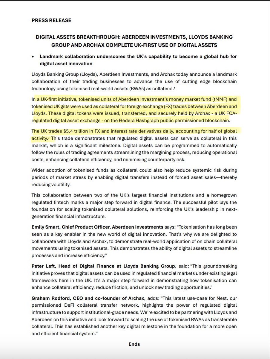 ‼️ HEDERA BLOCKCHAIN POWERS FIRST EVER FX TRADE WITH TOKENIZED COLLATERAL BY LLOYDS BANK AND ABERDEEN IN $5.4 TRILLION DAILY UK FX MARKET ($1.3 QUADRILLION ANNUALLY)‼️

“A landmark collaboration.”😶‍🌫️

HBAR is securing its place in financial history.💎

Documented.📝👇