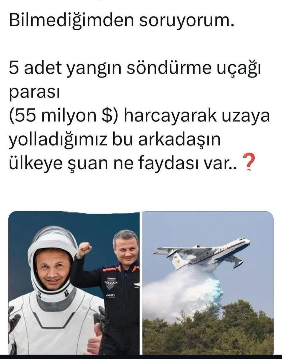 Ülkemizin paralarının nerelere harcandığının en somut örneği ‼️ 
Ormanlarımız cayır cayır yanıyor🔥
5 uçak parası harcanarak , bu adamı top çevirsin diye uzaya gönderdik❌
#Hükümetİstifa
#CHPKomisyonaKatılma