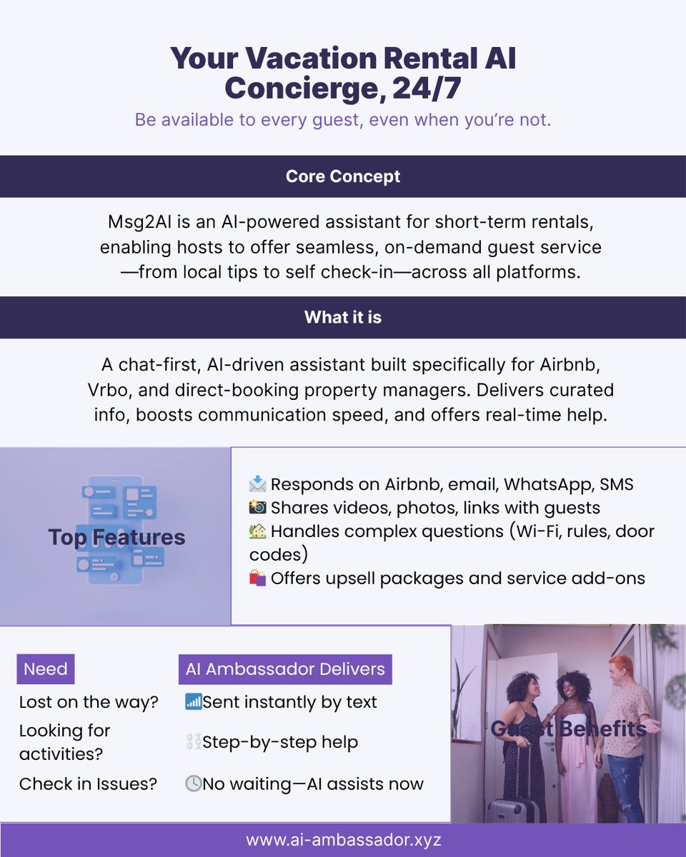 msg2ai's tweet image. They booked with Airbnb.
They stayed because of Msg2AI.
🤖 24/7 AI concierge
 📱 Airbnb, SMS, WhatsApp
 🧠 Personalized replies, instantly
📅 Book a demo → [Insert Link]
 🔔 Follow us for smart hosting tools.
#Msg2AI #STRTech #VacationRentalTools #HostSmarter #AirbnbAutomation