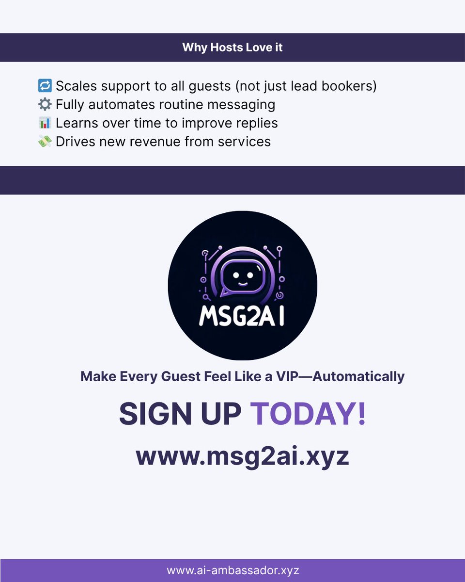 msg2ai's tweet image. They booked with Airbnb.
They stayed because of Msg2AI.
🤖 24/7 AI concierge
 📱 Airbnb, SMS, WhatsApp
 🧠 Personalized replies, instantly
📅 Book a demo → [Insert Link]
 🔔 Follow us for smart hosting tools.
#Msg2AI #STRTech #VacationRentalTools #HostSmarter #AirbnbAutomation