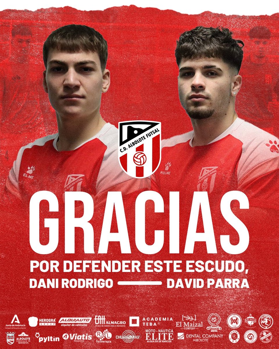 🚨 𝗢𝗙𝗜𝗖𝗜𝗔𝗟 | El CD Albolote Futsal quiere agradecer a Dani Rodrigo y a David Parra por defender los colores de este club durante sus estancias y desearles toda la suerte del mundo en sus futuros retos personales y profesionales

❤️ Esta siempre será vuestra casa, chicos.