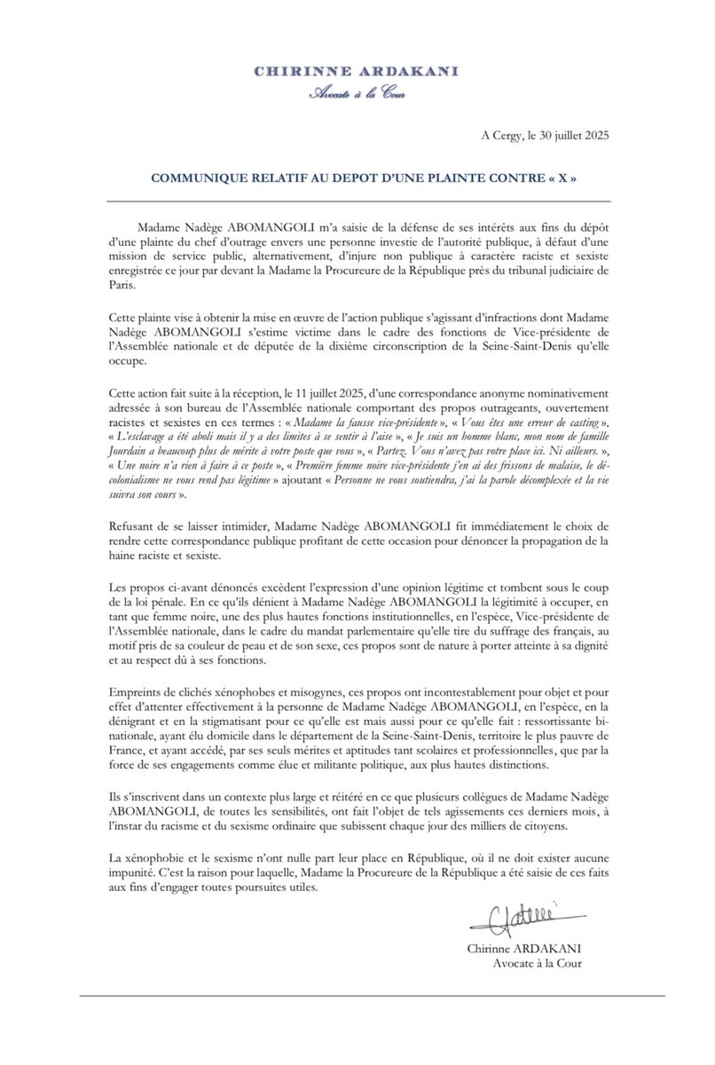 La xénophobie et le sexisme n’ont nulle part leur place en République, où il ne doit exister aucune impunité. 

Suite aux propos outrageants, racistes et misogynes visant Madame la Vice-Presidente <a href="/abomangoli/">Nadège Abomangoli 🐢</a> nous avons saisi la Procureure de la République aux fins d’engager
