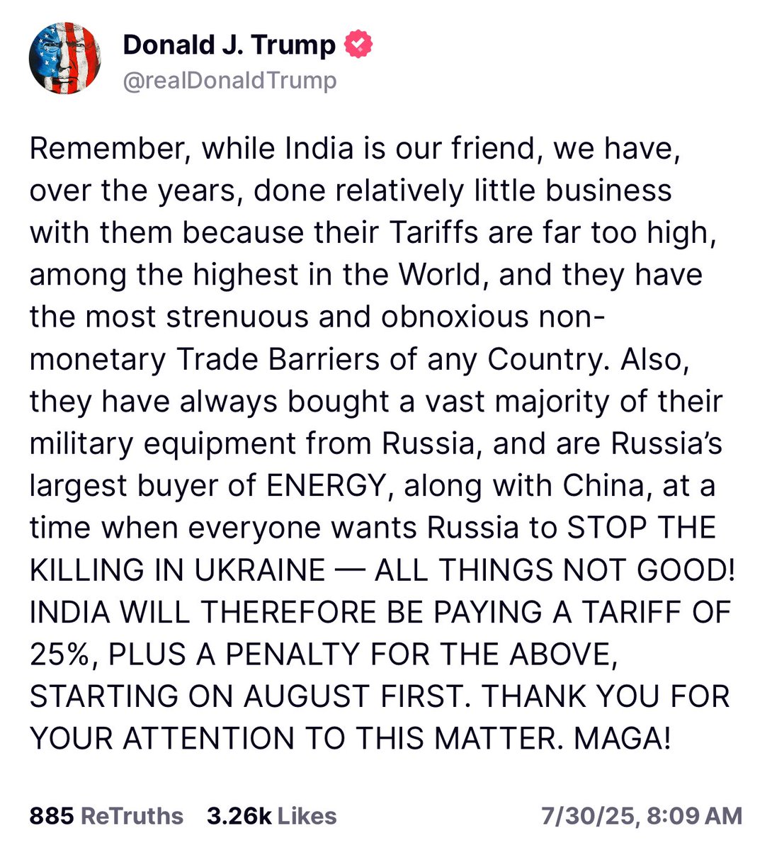 President Trump announces a 25% tariff on India, plus a penalty for purchasing military equipment and energy from Russia.