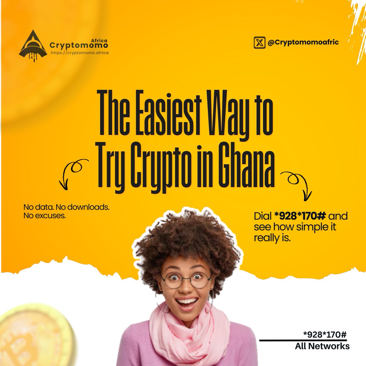 The EASIEST way to try crypto in Ghana? 
✅ No app
✅ No internet
✅ Dial *928*170#
Crypto just got local.
<a href="/LiskHQ/">Lisk</a> <a href="/ayahq_/">AyaHQ (Techstars '23)</a> 
#CryptoMomo #GhanaCrypto #USSD #Web3ForAll