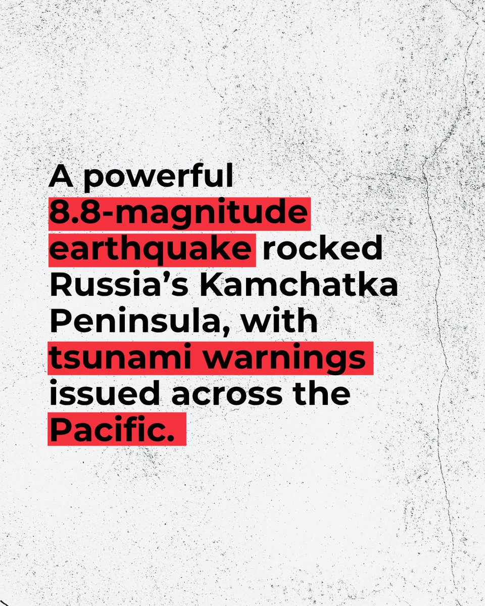 🌊 Major Earthquake &amp; Tsunami Alert in East Asia 🌏

A powerful M8.8 earthquake struck off the coast of Russia, triggering tsunami waves across Japan’s Pacific coastline. Waves up to 1.3 meters have been observed, with Sendai Airport now closed and evacuations underway across
