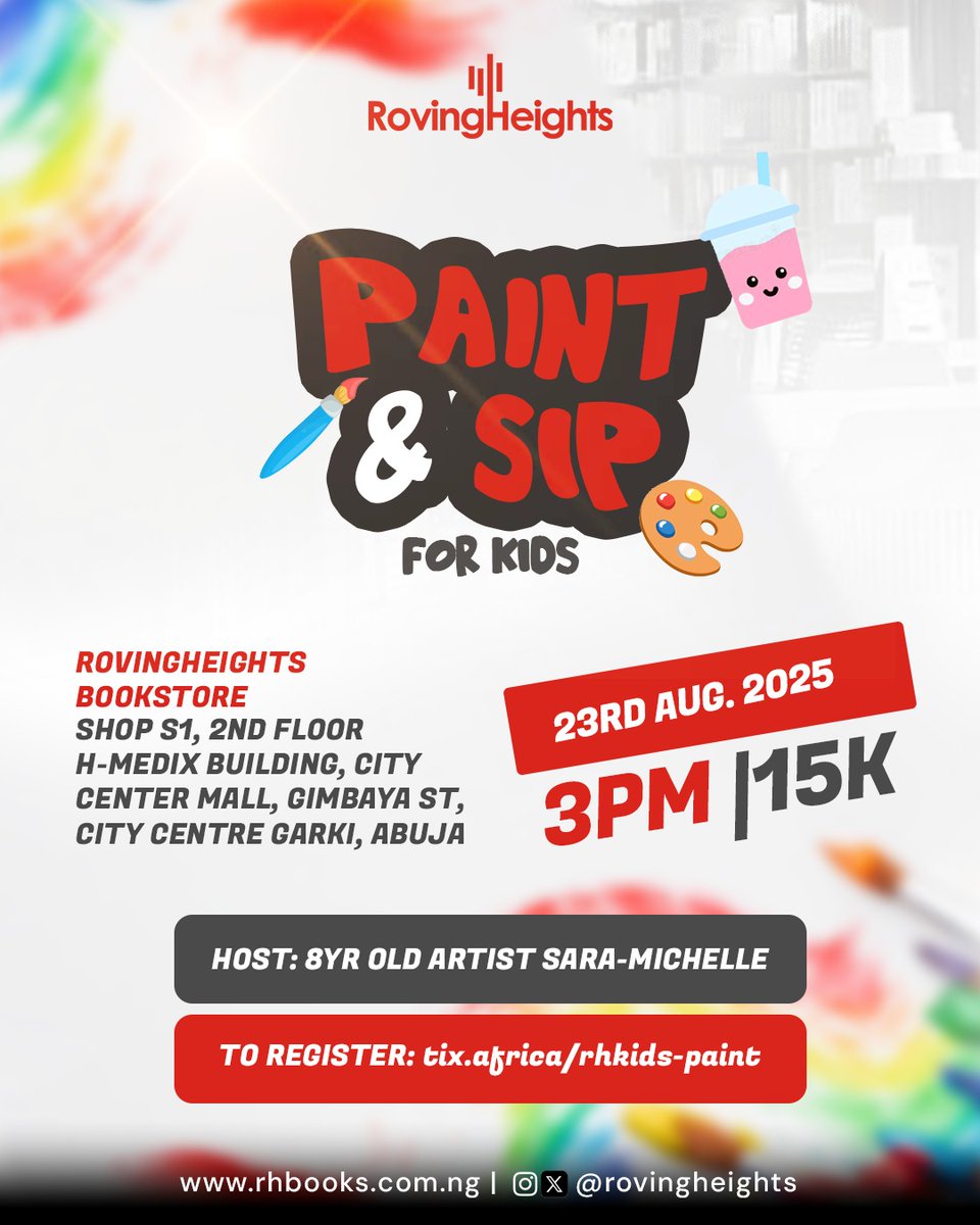 Our first-ever Paint &amp; Sip for Kids is happening at our Garki store on August 23rd!

Hosted by 8-year-old Sara-Michelle, it’ll be a fun, creative afternoon your little ones won’t forget. 

Spots are limited so, tap the link in bio to register!