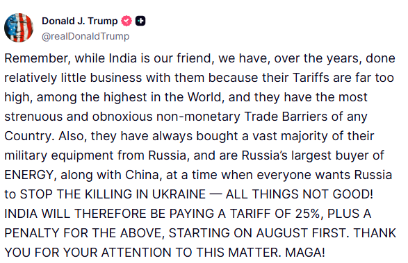 ManiishaRoy's tweet photo. Donald Trump never fails to surprise the world, including his "friends". 

US just announced 25% tariffs on India from August 1.

#DonaldTrump #usindiatrade https://t.co/bGG247Rdf7