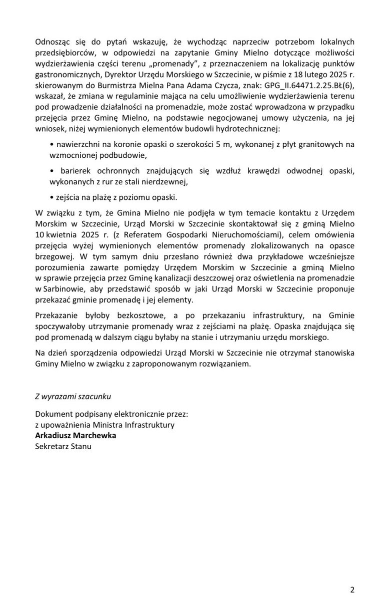 Kolejna interwencja‼️
Tym razem w sprawie współpracy Urzędu Morskiego w Szczecinie z Miastem i Gminą Mielno⤵️.
Dziękuję <a href="/MI_GOV_PL/">Ministerstwo Infrastruktury</a> za pozytywną reakcję.