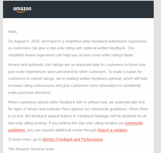 🚨 Amazon Greenlights Review Abuse 🚨 

Just when they were on a kick of listening to sellers and launching all sorts of cool stuff like new analytics dashboards, they do something foolish like this. 

As of August 4, 2025, Amazon will make it OPTIONAL for customers to leave text