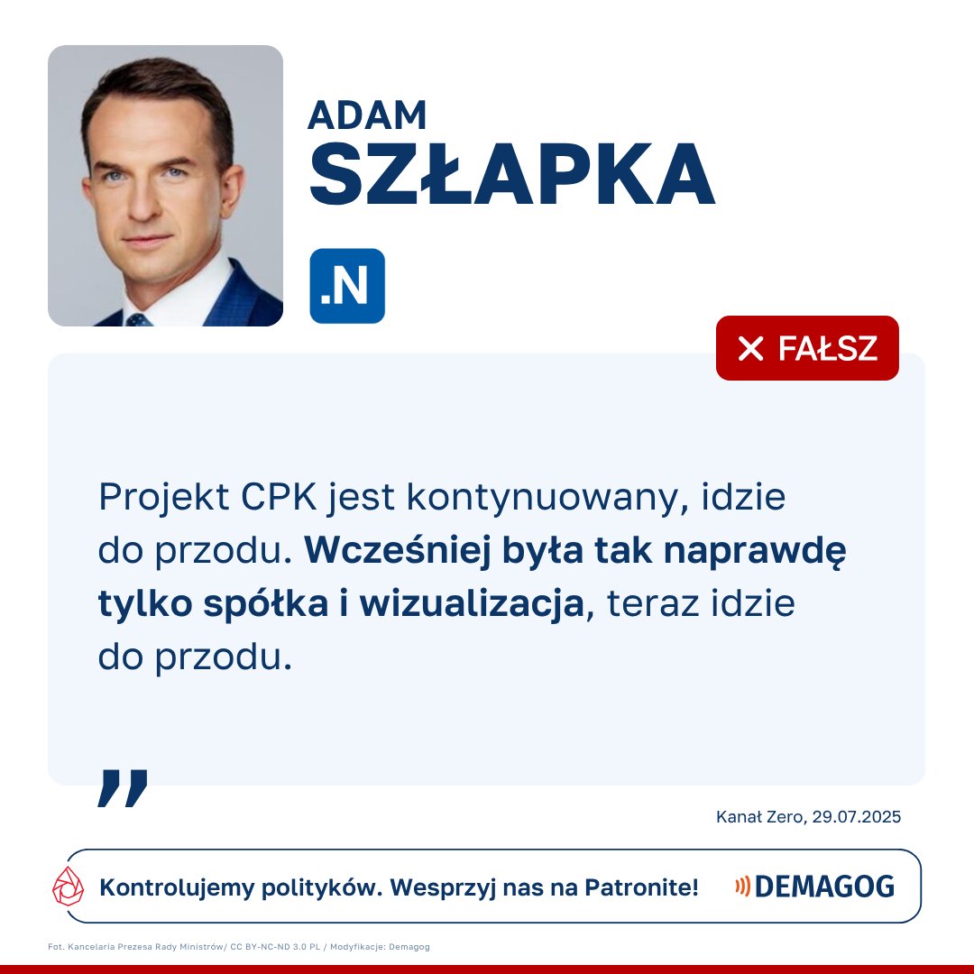 🔎 DEMAGOG (@demagogpl) on Twitter photo 🗣️ Wypowiedź <a href="/adamSzlapka/">Adam Szłapka</a> to ❌ #fałsz.
👉 Za rządów <a href="/pisorgpl/">Prawo i Sprawiedliwość</a> realizowano pierwszy etap budowy Centralnego Portu Komunikacyjnego: dokonano wykupu części terenów pod budowę, pozyskano decyzję środowiskową i promesę od Urzędu Lotnictwa Cywilnego, przygotowano koncepcję 🗣️ Wypowiedź <a href="/adamSzlapka/">Adam Szłapka</a> to ❌ #fałsz.
👉 Za rządów <a href="/pisorgpl/">Prawo i Sprawiedliwość</a> realizowano pierwszy etap budowy Centralnego Portu Komunikacyjnego: dokonano wykupu części terenów pod budowę, pozyskano decyzję środowiskową i promesę od Urzędu Lotnictwa Cywilnego, przygotowano koncepcję
