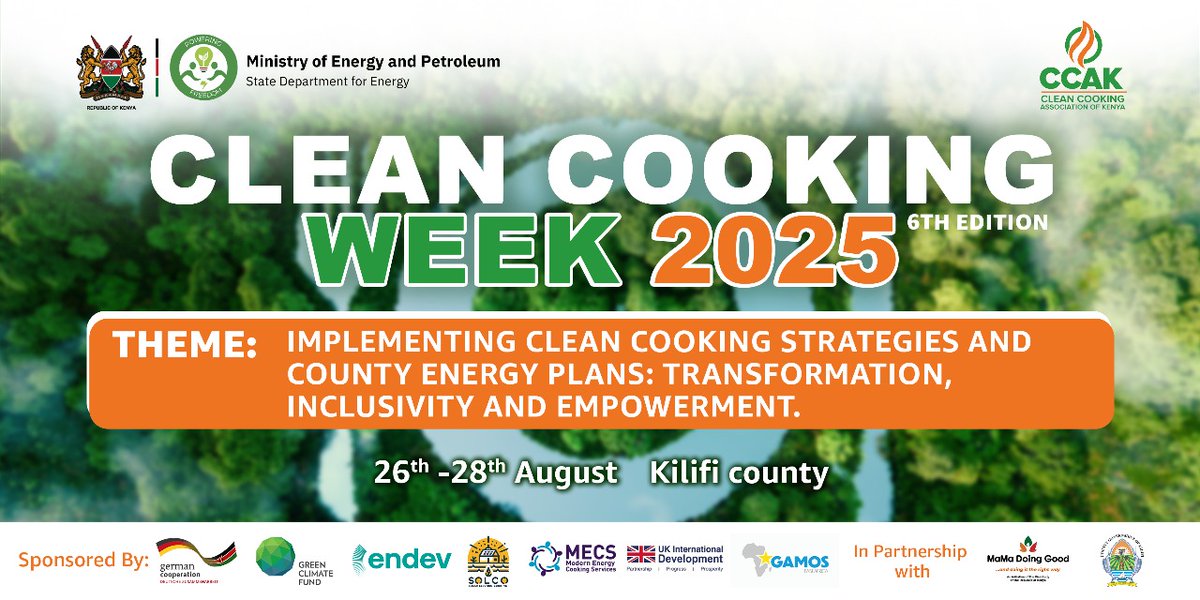 Ministry of Energy and Petroleum | Kenya (@energymink) on Twitter photo 🔥 Clean Cooking Week 2025 is coming to Kilifi County!
🗓️ 26–28 August
🚀 Join the movement & register now: bit.ly/4met58A
#CleanCookingWeek2025 #CCWKenya #CleanEnergy #Kilifi2025 #EnergyAccess <a href="/KilifiCountyGov/">Kilifi County Government</a> <a href="/CleanCookingKe/">Clean Cooking Association of Kenya</a> 🔥 Clean Cooking Week 2025 is coming to Kilifi County!
🗓️ 26–28 August
🚀 Join the movement & register now: bit.ly/4met58A
#CleanCookingWeek2025 #CCWKenya #CleanEnergy #Kilifi2025 #EnergyAccess <a href="/KilifiCountyGov/">Kilifi County Government</a> <a href="/CleanCookingKe/">Clean Cooking Association of Kenya</a>