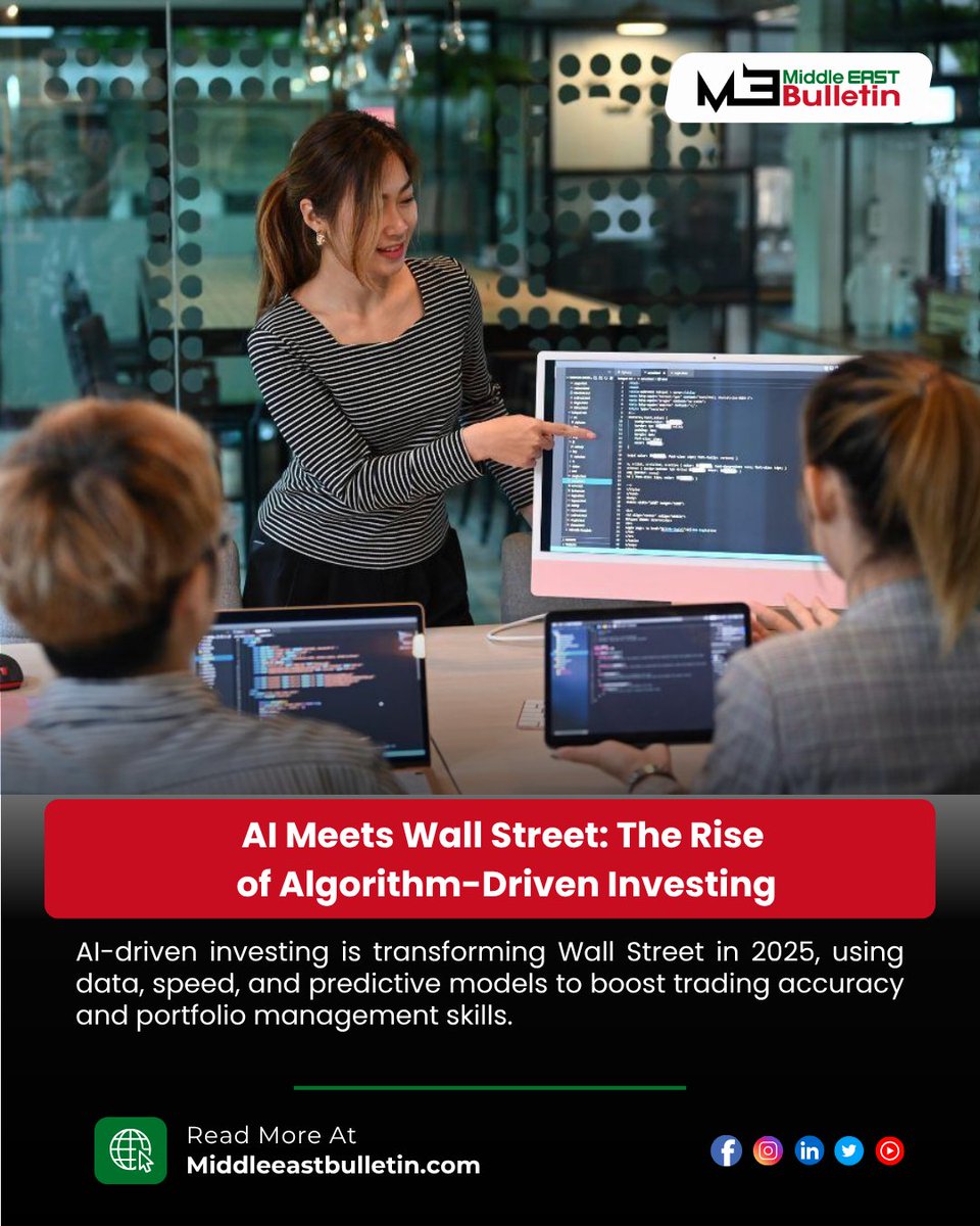 Midleeastbull18's tweet image. AI-driven investing takes over Wall Street in 2025. Fast data and smart algorithms improve trading and portfolio decisions like never before. #AIInvesting #AlgorithmTrading #WallStreet2025 #FinanceTech
Read More:middleeastbulletin.com/ai-meets-wall-…