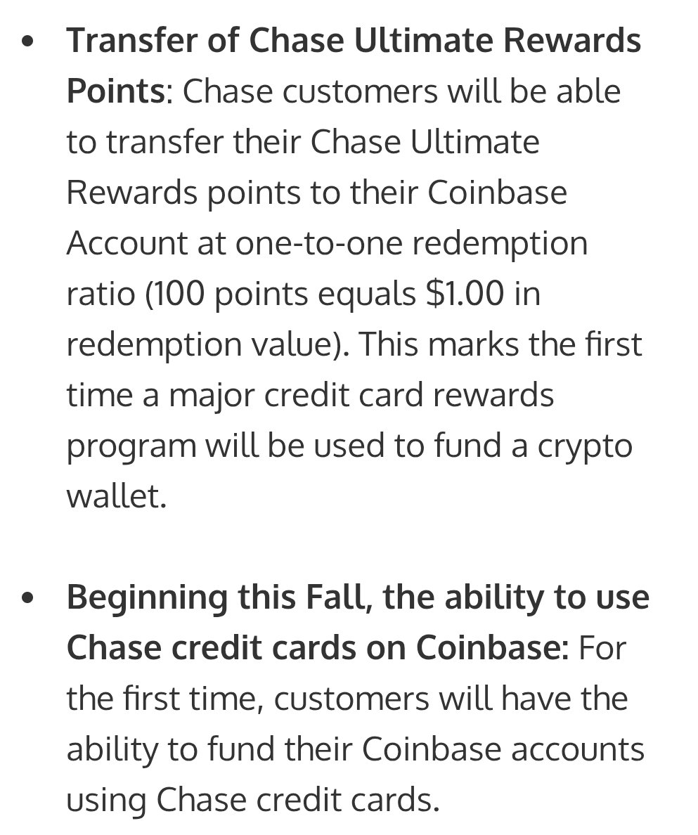 The JPMorgan and Coinbase partnership includes the ability to convert  credit card rewards into crypto. Customers will also be able to purchase  crypto using Chase credit cards.