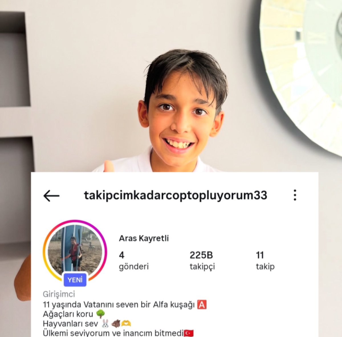 Takipçi sayısı kadar çöp toplayacağını söyleyen Aras, 1 günde 225 bini geçti.

Normalde isimleri gizliyoruz ama Aras'ı gizlemiyoruz. Biraz da doğru kişileri ünlü edelim.