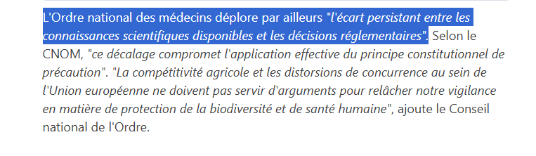 Oof.
L'ordre national des médecins vient donc, ni plus ni moins, de signifier que l'EFSA n'est pas fiable pour remplir la mission qui est la sienne.
Il faut prendre la mesure de ce désaveu... Ce propos était jusque là réservé à une frange radicale anti-pesticide tendance Foucart