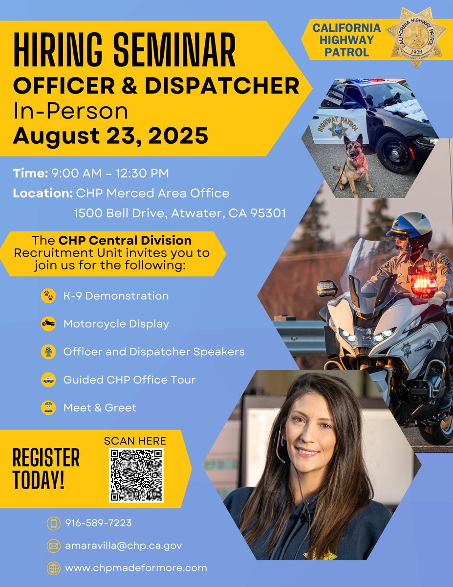 CHP Central Division (@chpcentraldiv) on Twitter photo We’re holding an in-person CHP Hiring Seminar on August 23, 2025! (Doors open at 8:45 a.m.)
Register Here: CHP Central Division – Hiring Seminar - In-Person (Atwater, CA) Tickets, Sat, August 23, 2025 at 9:00 AM | Eventbrite <a href="/CHP_HQ/">CHP Headquarters</a> We’re holding an in-person CHP Hiring Seminar on August 23, 2025! (Doors open at 8:45 a.m.)
Register Here: CHP Central Division – Hiring Seminar - In-Person (Atwater, CA) Tickets, Sat, August 23, 2025 at 9:00 AM | Eventbrite <a href="/CHP_HQ/">CHP Headquarters</a>