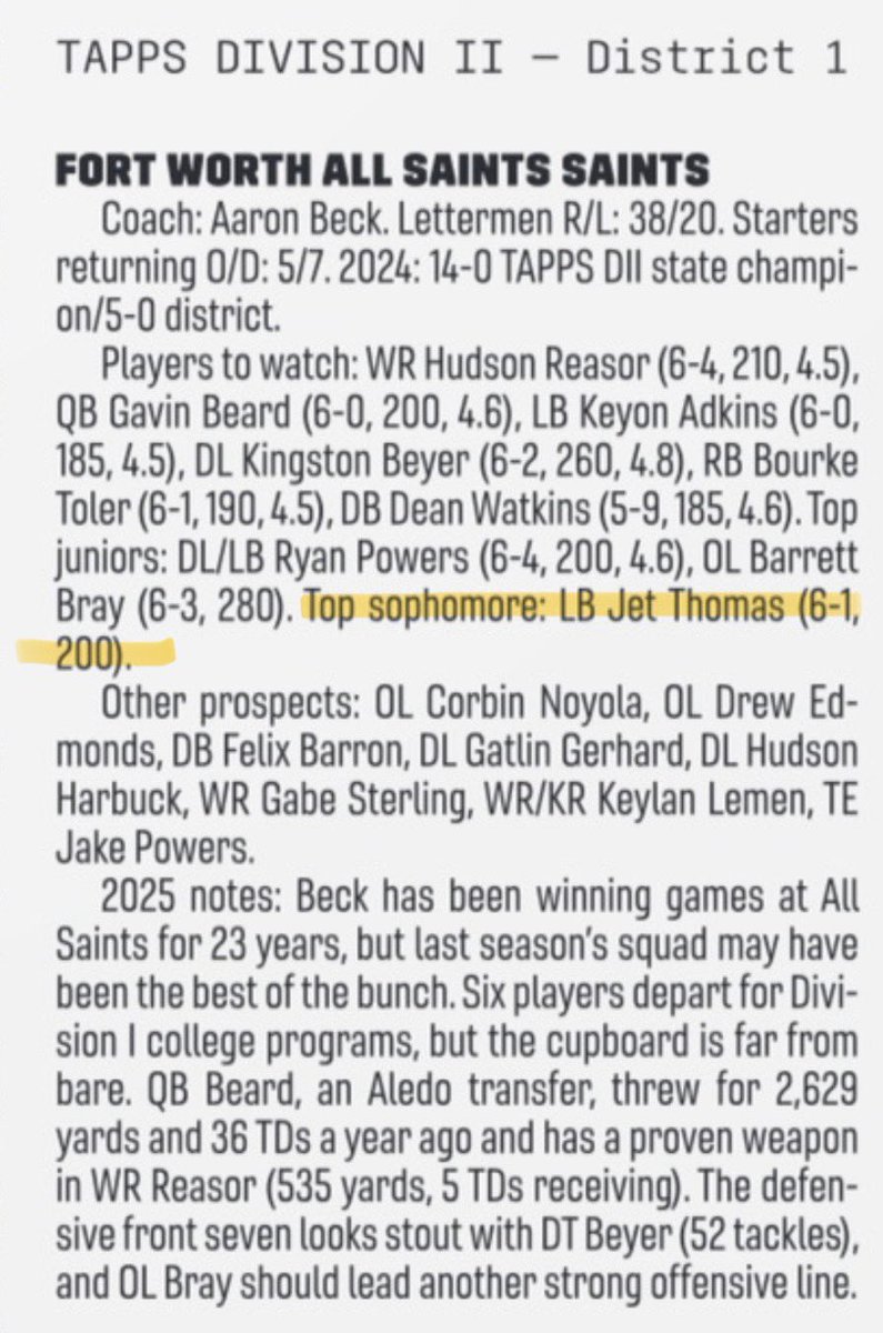Jet Thomas (@jetthomas2028) on Twitter photo Made the 2025 Texas High School Football bible <a href="/dctf/">Dave Campbell's — TexasFootball.com</a> as the <a href="/PTFFootball/">All Saints' Football</a> top sophomore..Ready to make an impact!
15yr old - c/o 28
Linebacker
6’1”📈
200lb 📈
Bench - 265lbs 📈
Squat - 385lbs 📈
Clean - 215lbs📈
40yd - 4.8📈
<a href="/CoachBeck_PTF/">Coach Aaron Beck</a>
<a href="/lettermans_ptf/">All Saints’ Letterman’s Club</a>
<a href="/TXPrivateFBGuy/">Texas Private School Football</a> Made the 2025 Texas High School Football bible <a href="/dctf/">Dave Campbell's — TexasFootball.com</a> as the <a href="/PTFFootball/">All Saints' Football</a> top sophomore..Ready to make an impact!
15yr old - c/o 28
Linebacker
6’1”📈
200lb 📈
Bench - 265lbs 📈
Squat - 385lbs 📈
Clean - 215lbs📈
40yd - 4.8📈
<a href="/CoachBeck_PTF/">Coach Aaron Beck</a>
<a href="/lettermans_ptf/">All Saints’ Letterman’s Club</a>
<a href="/TXPrivateFBGuy/">Texas Private School Football</a>