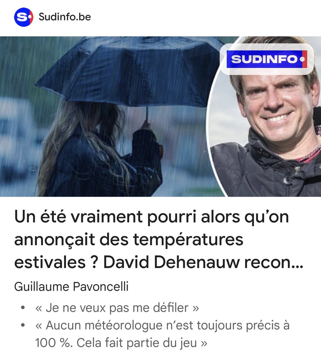 Ah ce réchauffement climatique pervers qui veut noyer les Belges sous des tonnes de flotte en plein été ! 😏

Pour rappel, les spécialistes dans des communications alarmiste en juin dernier prévoyaient un été terrible en Belgique à plus de 40°C !!! 😱