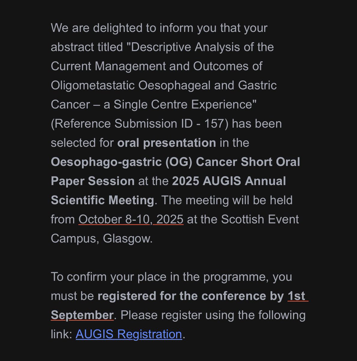 Delighted to share that I’ll be delivering a talk on our project:

“Descriptive Analysis of the Current Management and Outcomes of Oligometastatic Oesophageal and Gastric Cancer” at the upcoming AUGIS 2025 
<a href="/IslamOmar82/">Islam Omar, MB BCh, MSc, MRCS, FEBS/GenSurg, ChM</a>